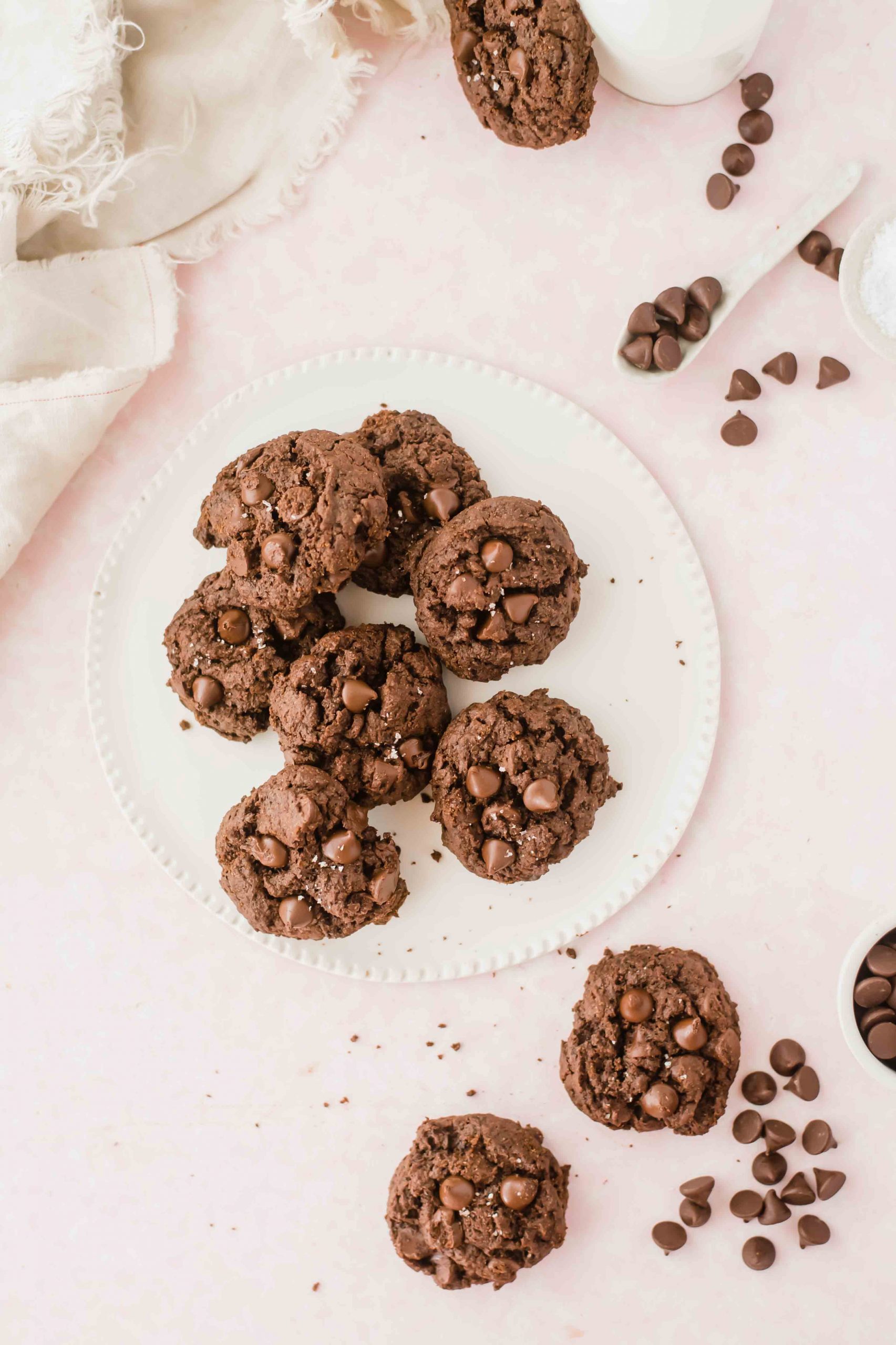vegan choc fudge cookies on pink background